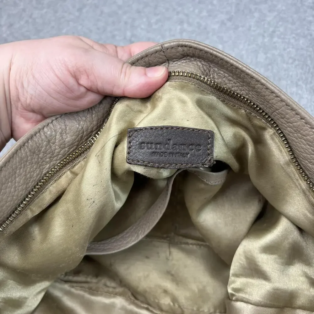 Sundance Leather Purse Women Large Taupe Slouchy Hobo Bag Zip Pockets Italy READ